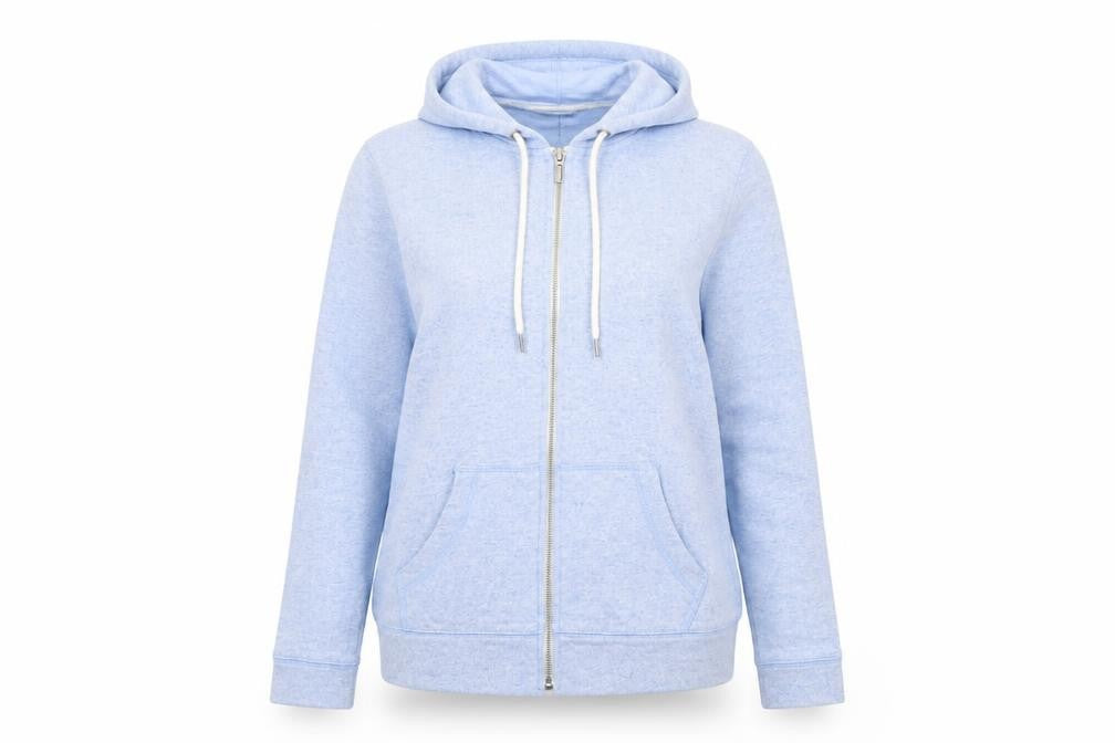 Front view of Preworn women’s blue jacket, size UK 14