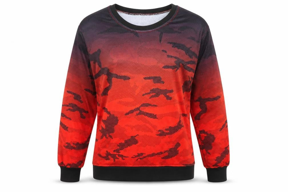 Front view of Preworn women’s red camouflage jumper, size M