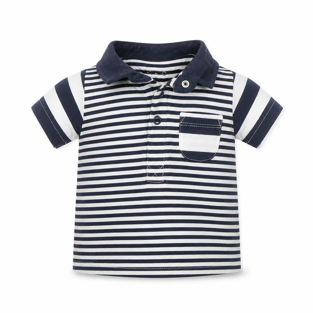 Front view of Nutmeg Baby Blue Striped Basic Polo, size 3-6, Months