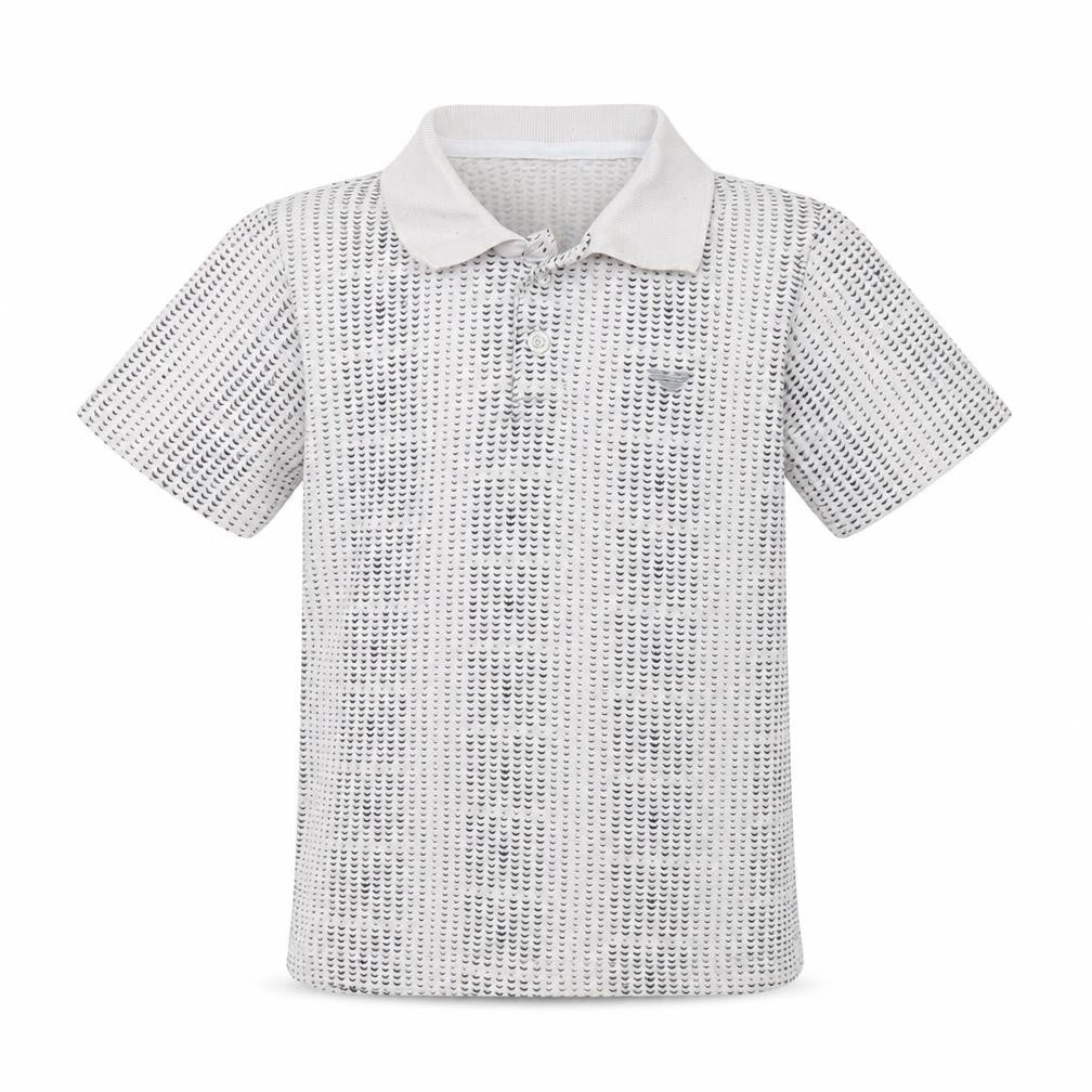 Front view of AJ Jeans boys’ white polka dot basic polo, size 9, years
