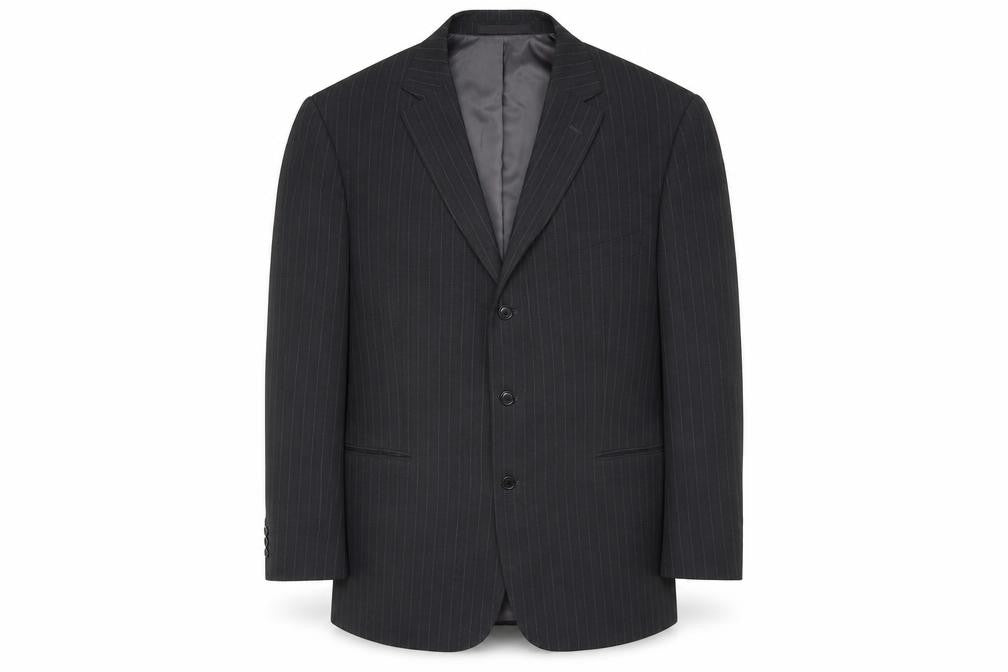 Front view of marks men’s grey striped jacket suit jacket, size M