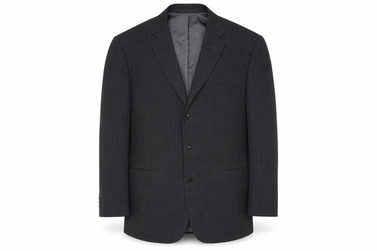 Front view of marks men’s grey striped jacket suit jacket, size M