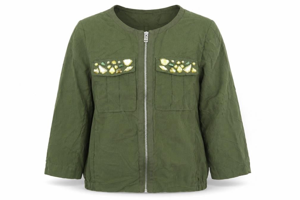 Front view of H&M women’s green jacket coat, size UK 12