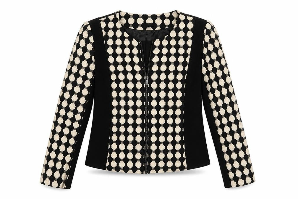 Front view of H&M women’s black geometric jacket coat, size UK 6