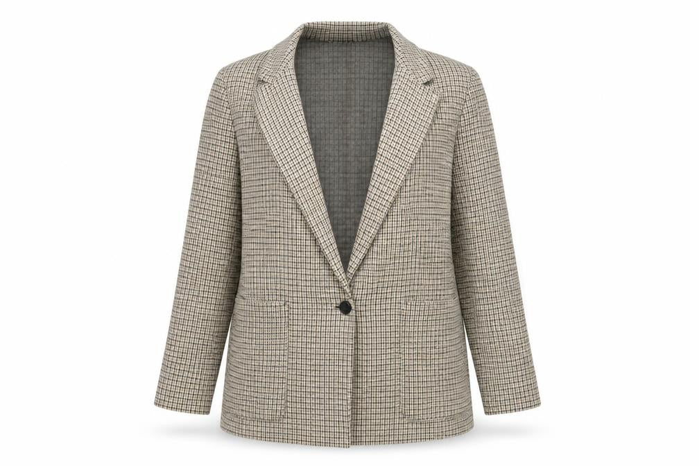 Front view of H&M women’s beige check jacket suit jacket, size UK 12