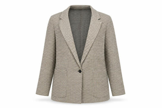 Front view of H&M women’s beige check jacket suit jacket, size UK 12