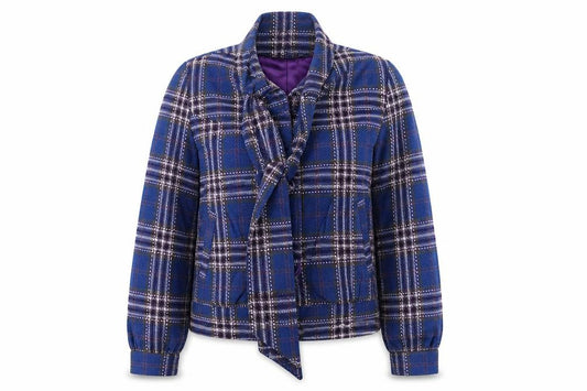 Front view of Primark women’s blue check jacket coat, size UK 10