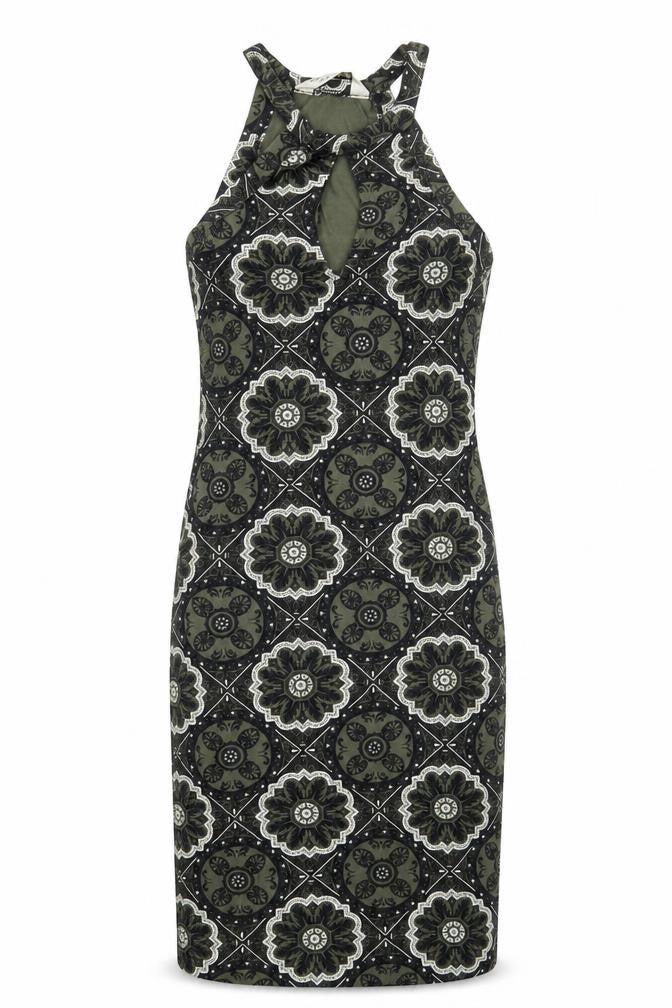 Front view of Miss Selfridge women’s green paisley a-line, size UK 6