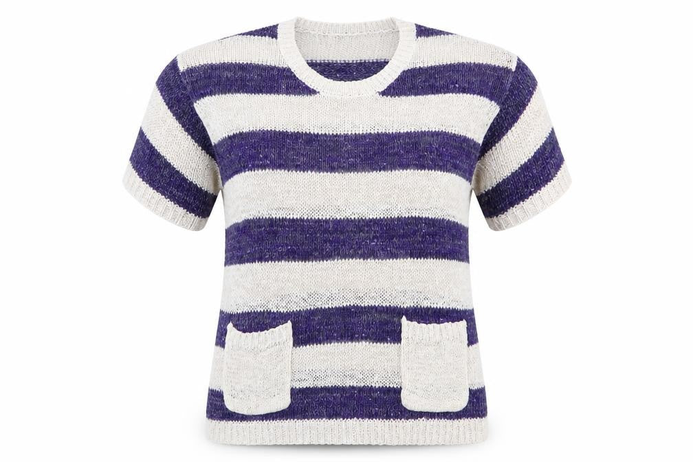 Front view of Tu women’s blue striped jumper, size UK 10, - sequins all over