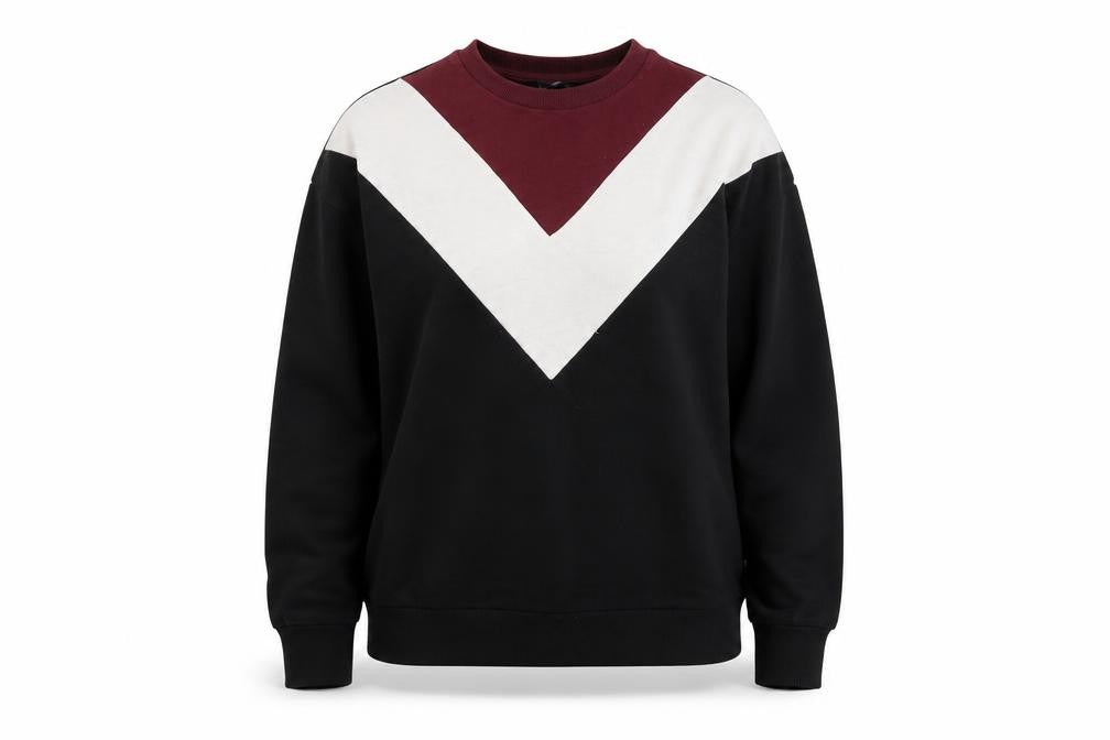 Front view of New Look women’s black striped pullover sweatshirt, size S