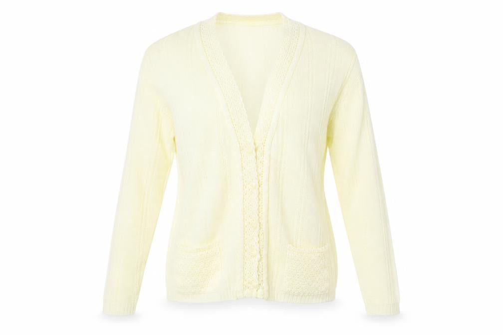 Front view of Preworn women’s ivory cardigan jumper, size L