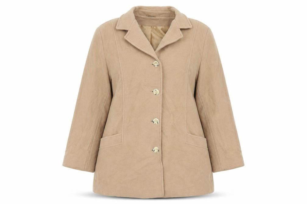 Front view of Preworn women’s beige overcoat coat one size