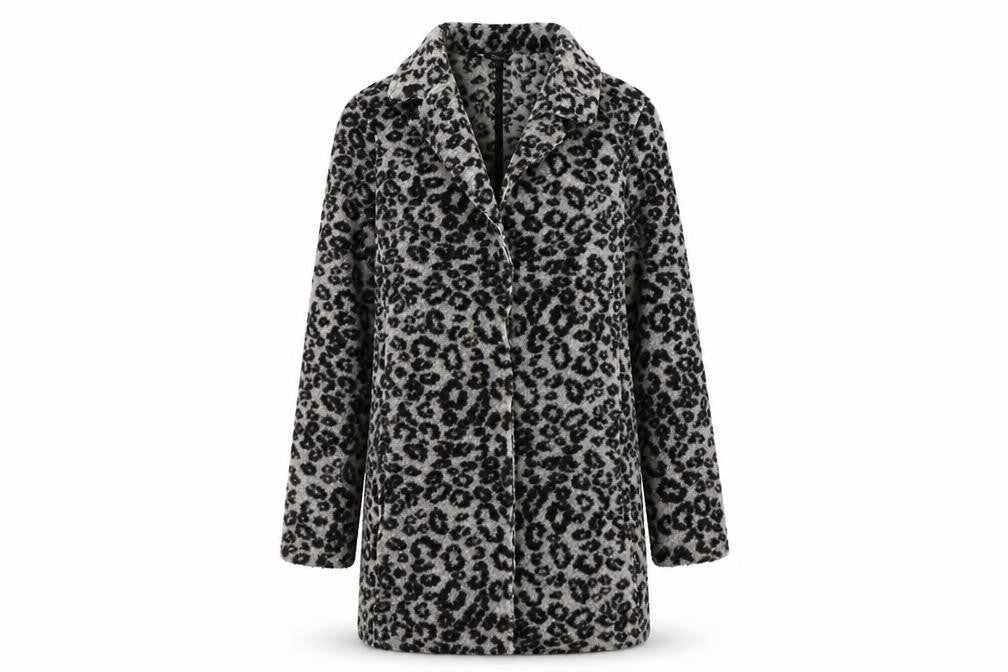 Front view of Next women’s grey animal print overcoat coat, size UK 10
