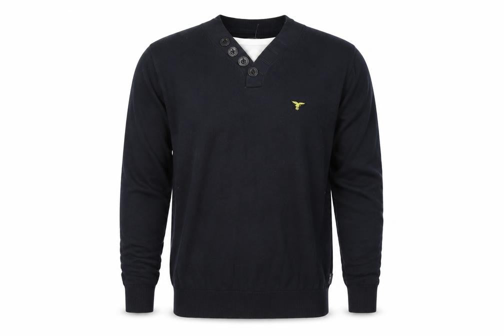 Front view of Le Breve men’s blue jumper, size M
