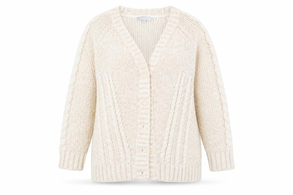 Front view of Red ehrring women’s multicoloured cardigan jumper, size UK 14