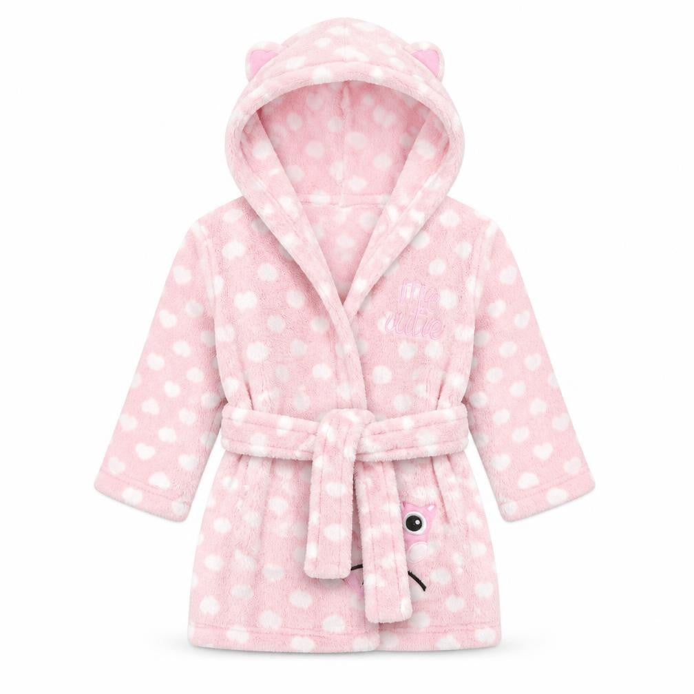 Front view of Peacocks girls’ pink polka dot gown, size 6-9, months
