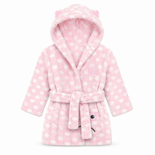 Front view of Peacocks girls’ pink polka dot gown, size 6-9, months