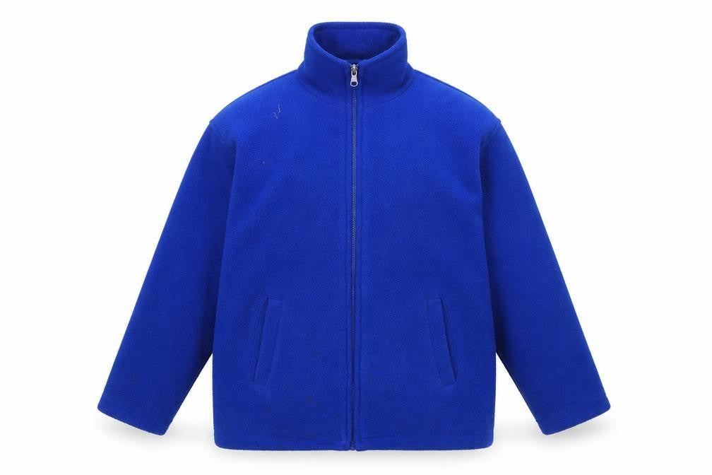 Front view of Preworn men’s blue full zip sweatshirt, size S