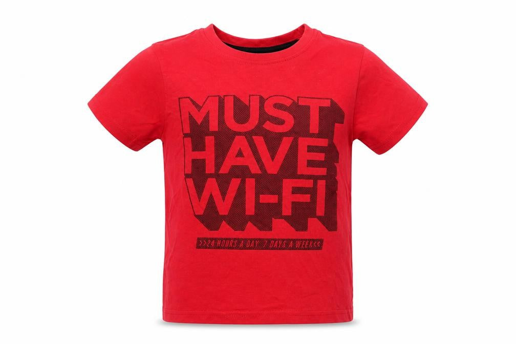 Front view of Primark boys’ red basic t-shirt, size 4-5, years - must have wifi