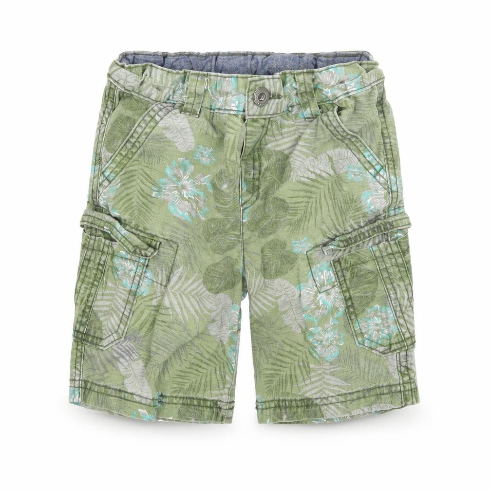 Front view of Nutmeg boys’ green floral bermuda shorts, size 5-6, years