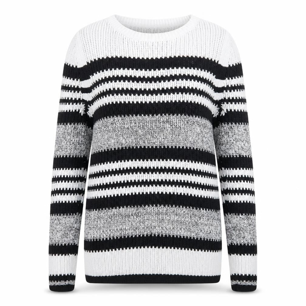 Front view of Topshop women’s grey striped knit jumper, size UK 6