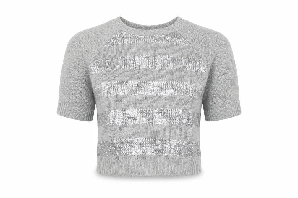 Front view of Dreams women’s grey striped basic t-shirt, size UK 10