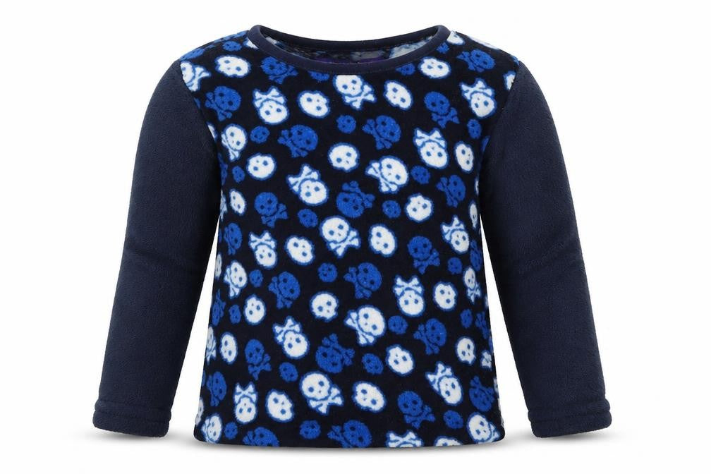Front view of Snooze Time boys’ blue solid pyjama top, size 9-10, years - skulls