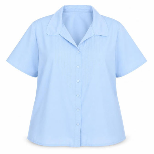 Front view of Classics women’s blue basic button-up, size UK 18