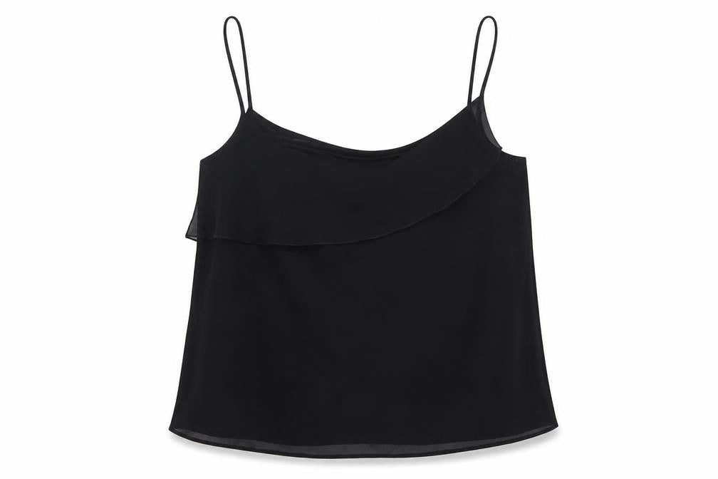 Front view of Essence women’s black basic tank, size UK 30