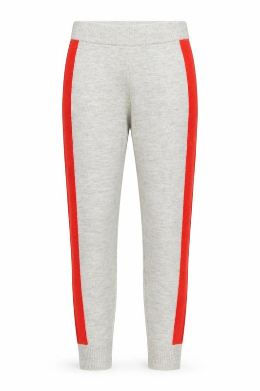 Front view of ASOS women’s grey striped knit sweatpants, size UK 6, 29-inch leg - red