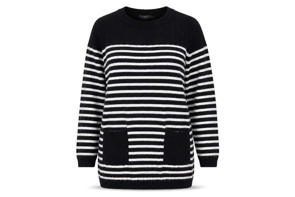 Front view of M&Co women’s black striped jumper, size UK 8