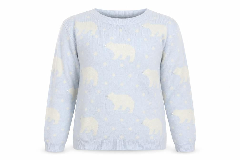 Front view of New Look women’s blue knit jumper, size UK 12