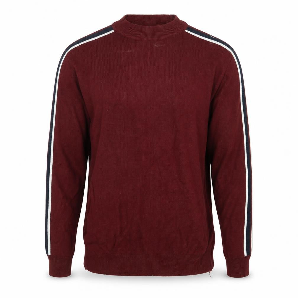 Front view of Loom men’s red knit jumper, size S