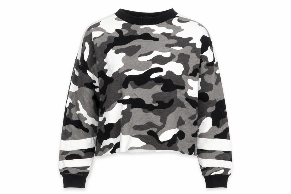 Front view of New Look girls’ grey camouflage pullover sweatshirt, size 12-13, years - croppped