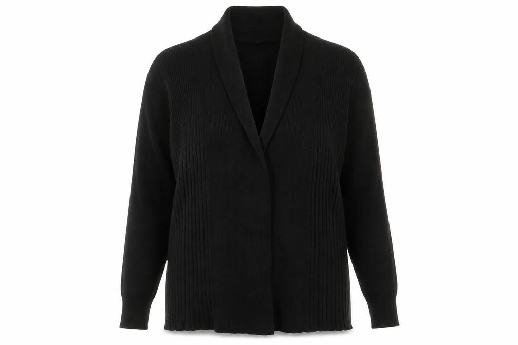 Front view of BHS women’s black knit wrap jumper, size UK 12