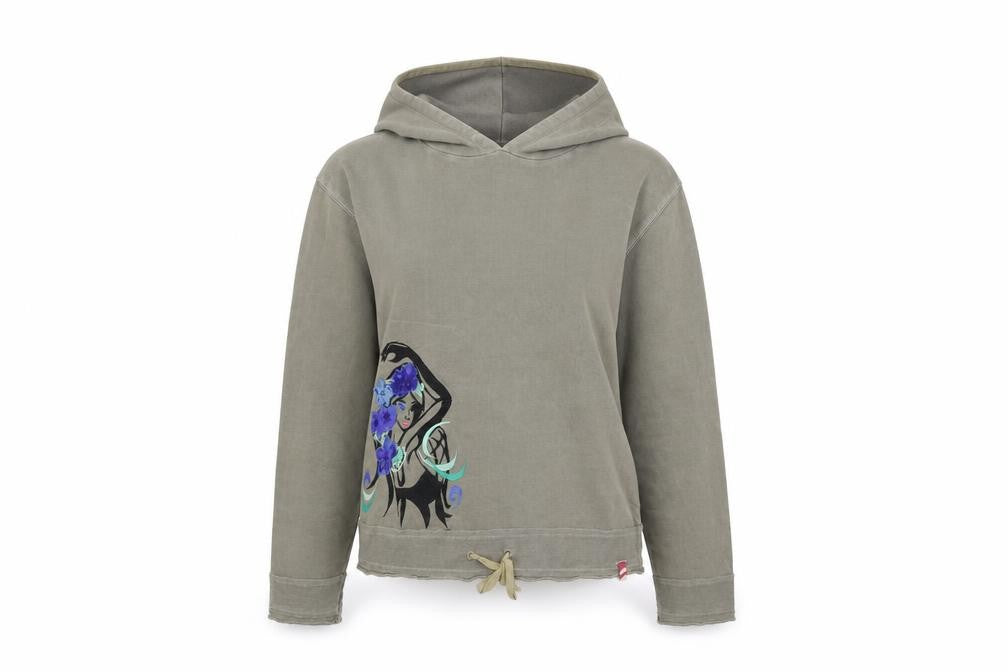 Front view of WOMbat women’s brown pullover hoodie, size S