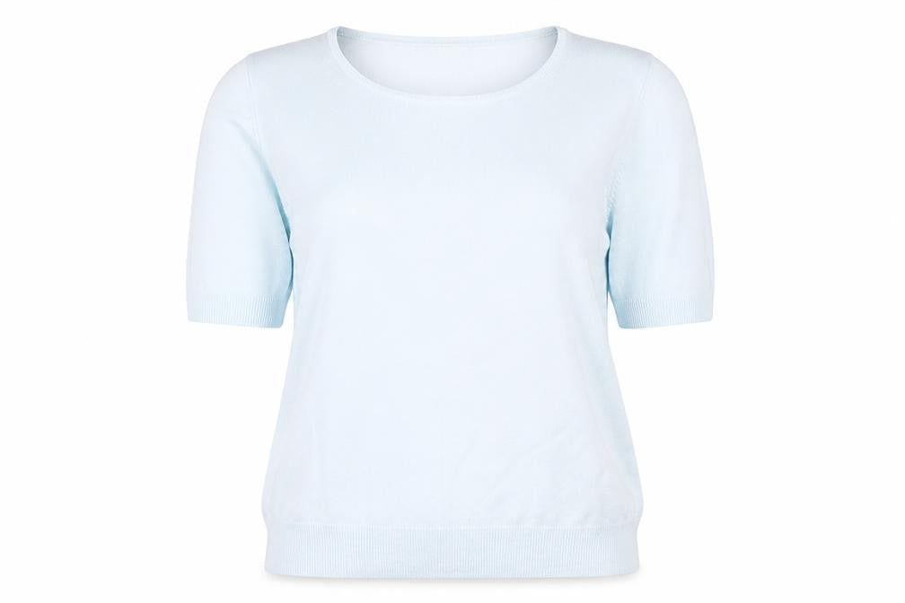 Front view of Marks & Spencer women’s blue knit jumper, size UK 14