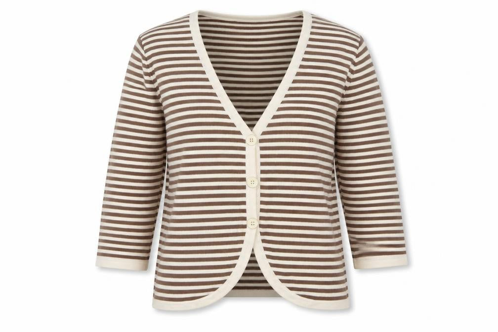 Front view of Emreco women’s brown striped jumper, size UK 14