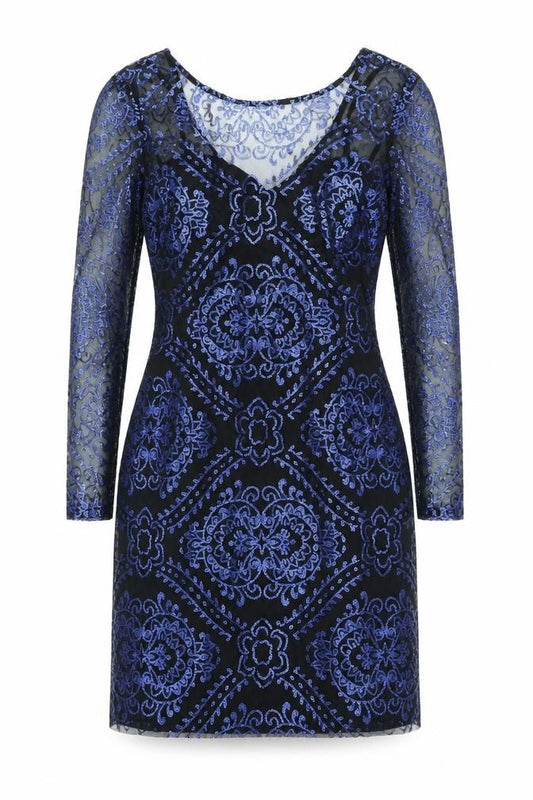 Front view of Dalia women’s blue geometric fit & flare, size L