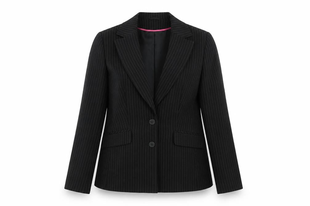 Front view of SELEIT women’s black striped jacket blazer, size UK 12