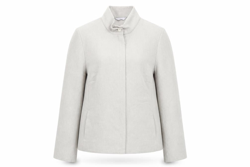 Front view of Preworn women’s beige jacket coat, size UK 14