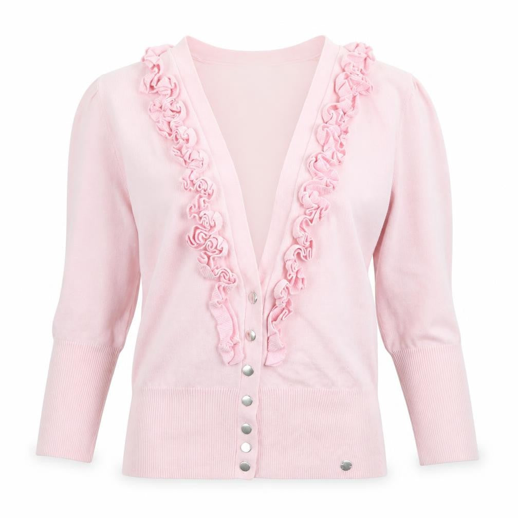 Front view of Queenspark women’s pink cardigan jumper, size M