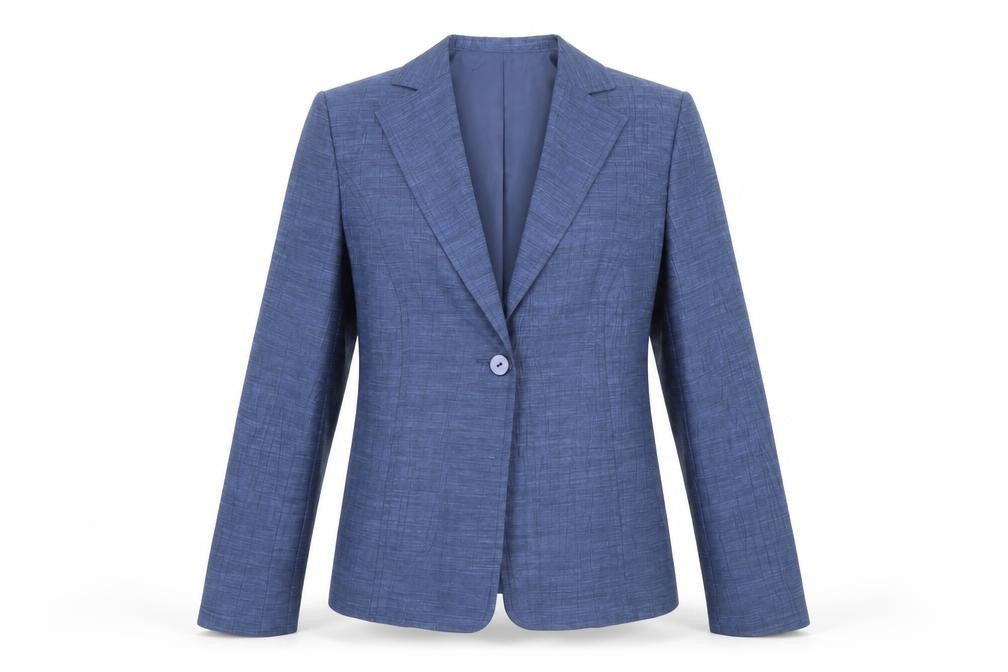 Front view of Pota women’s blue jacket suit, size UK 10