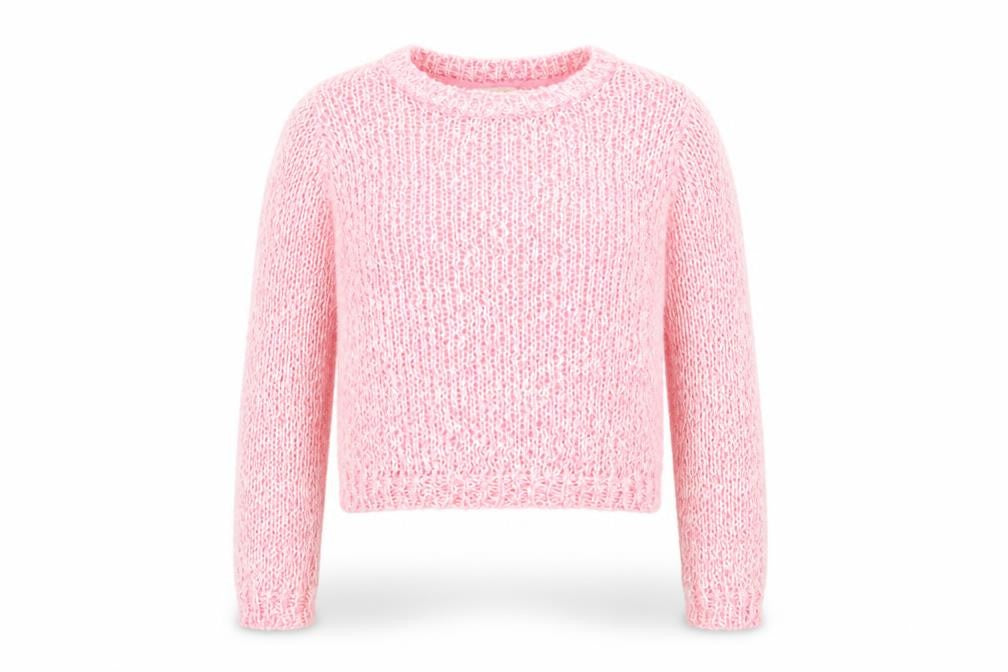 Front view of internationale women’s pink knit jumper, size UK 12, - open knit