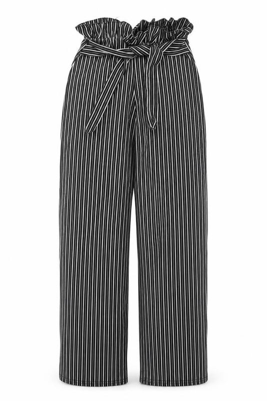 Front view of PRETTYLITTLETHING women’s black striped trousers, size UK 10, 32.5-inch leg