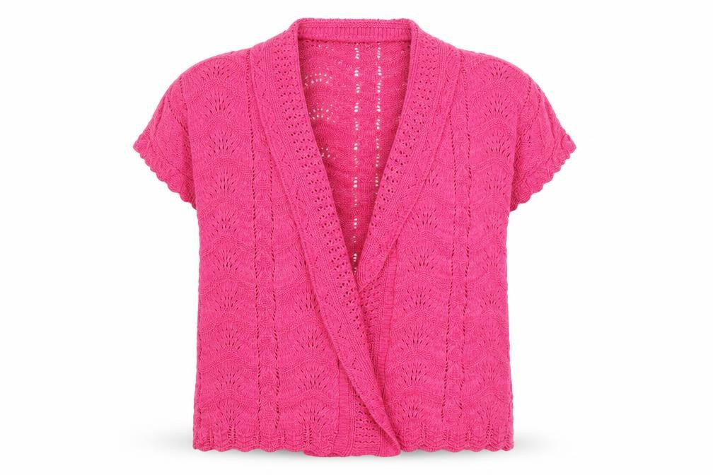 Front view of Soon women’s pink cardigan jumper, size UK 16