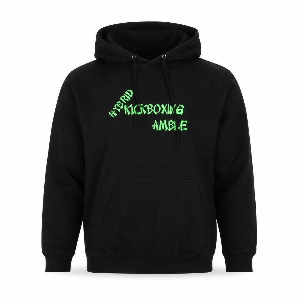Front view of All We Do is men’s black pullover hoodie, size S
