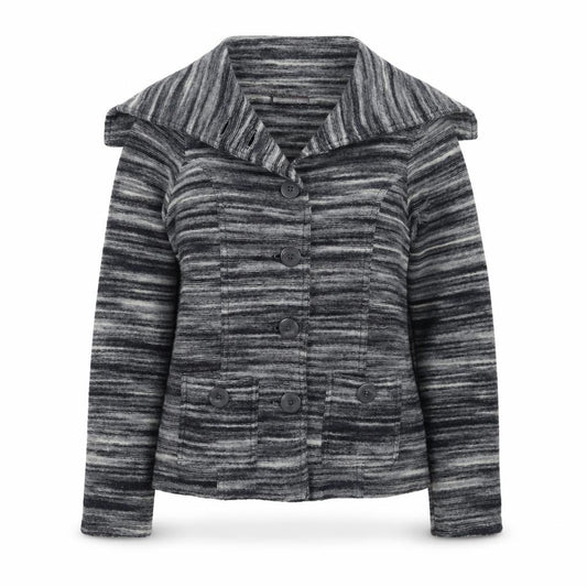 Front view of Principles women’s grey striped knit cardigan jumper, size UK 12
