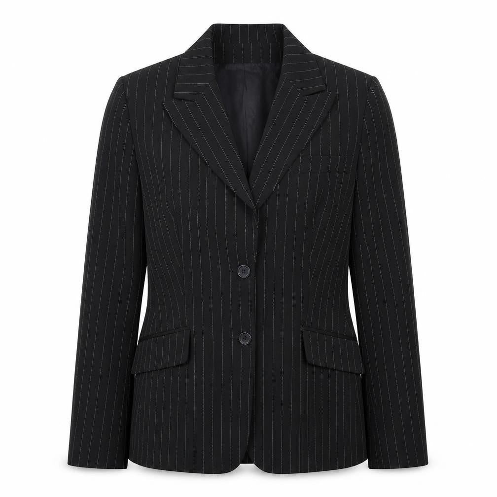Front view of The Collection women’s black striped jacket suit jacket, size UK 12