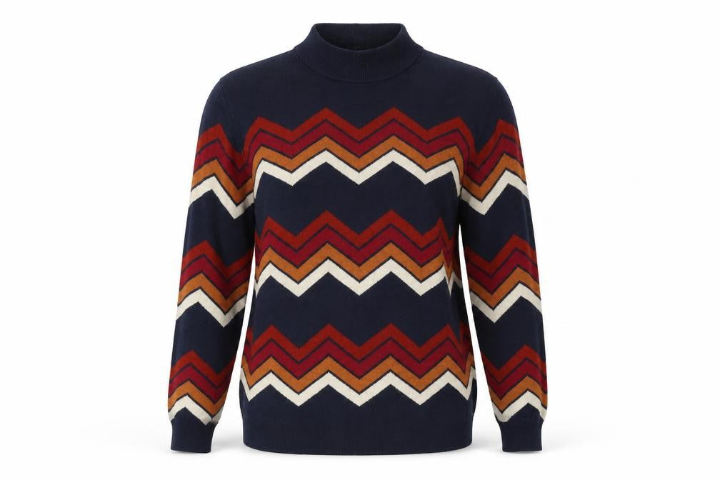 Front view of Matalan women’s blue geometric knit pullover sweatshirt, size UK 12